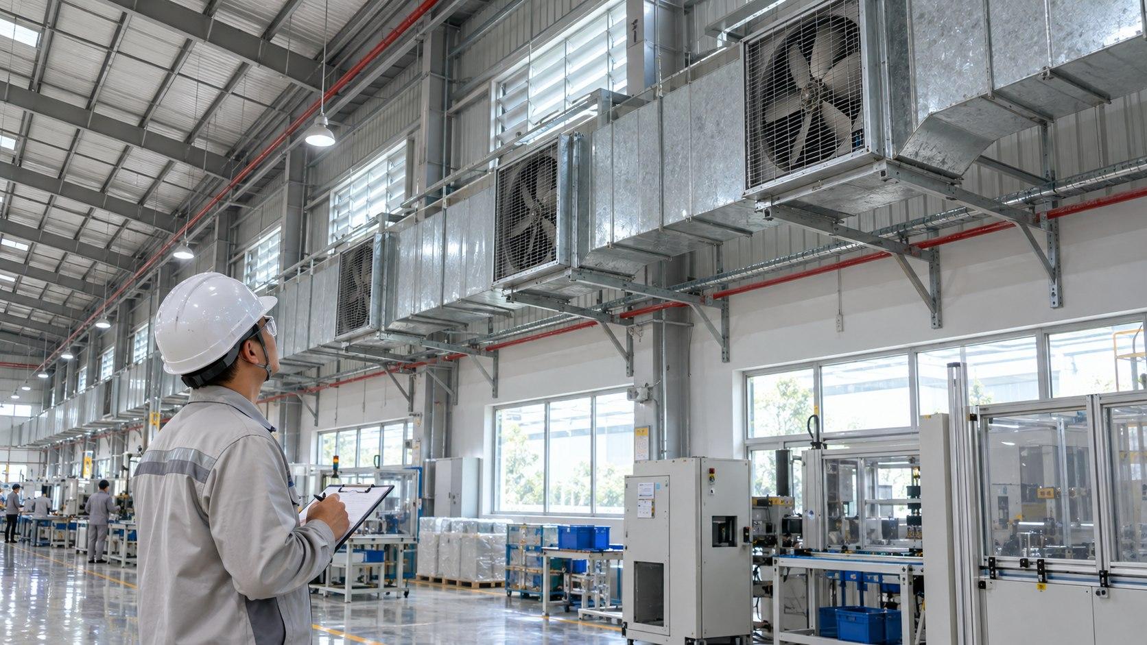Kỹ thuật viên kiểm tra hệ thống thông gió tại nhà xưởng